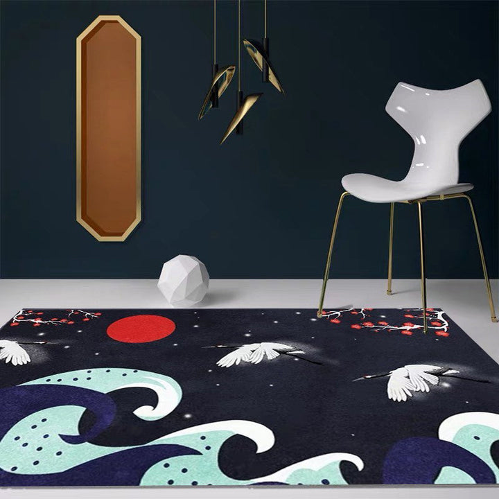 Lisslune | Nordic Crane Pattern Rug Multi-Color Synthetic Area Rug Pet-Friendly Easy Maintenance Stain-Resistant Carpet for Room