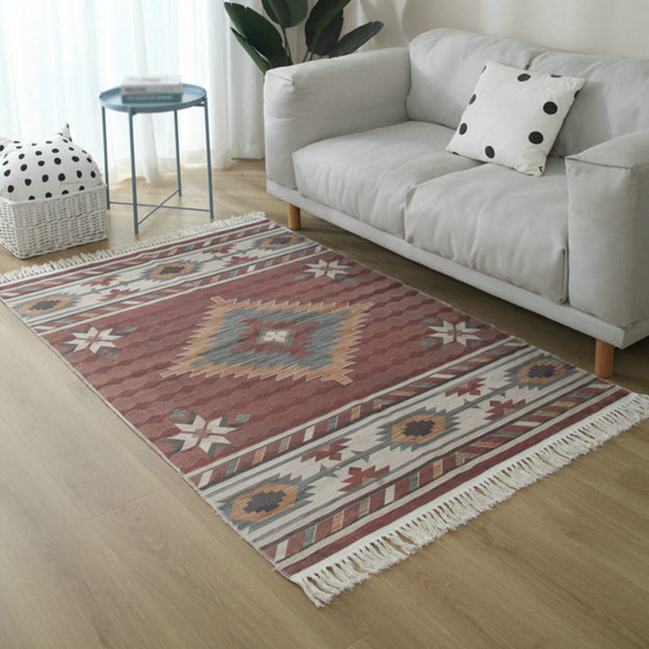 Lisslune | Simple Living Room Rug Multicolored Geometric Printed Area Rug Cotton Pet Friendly Easy Care Indoor Rug
