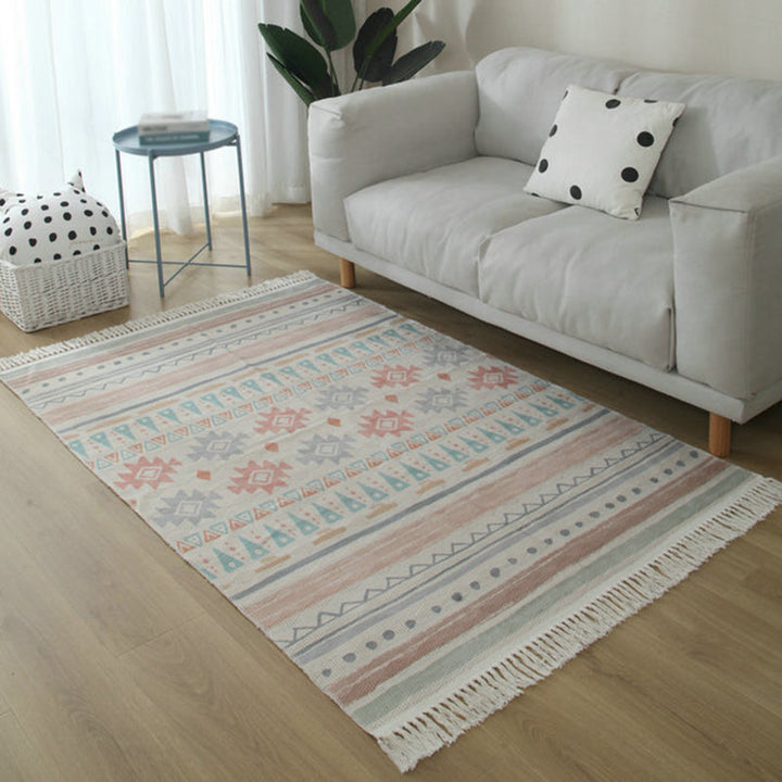 Lisslune | Simple Living Room Rug Multicolored Geometric Printed Area Rug Cotton Pet Friendly Easy Care Indoor Rug