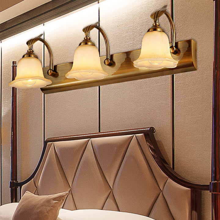 Skørter | 1/2/3 Lights Frosted Glass Vanity Light Traditional Brass Flare Bedroom Wall Lamp with Gooseneck Arm
