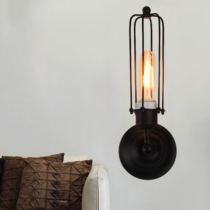 Skørter | 1/2-Bulb Linear Cage Wall Lamp Industrial Black/Rust Metal Wall Lighting Fixture for Living Room