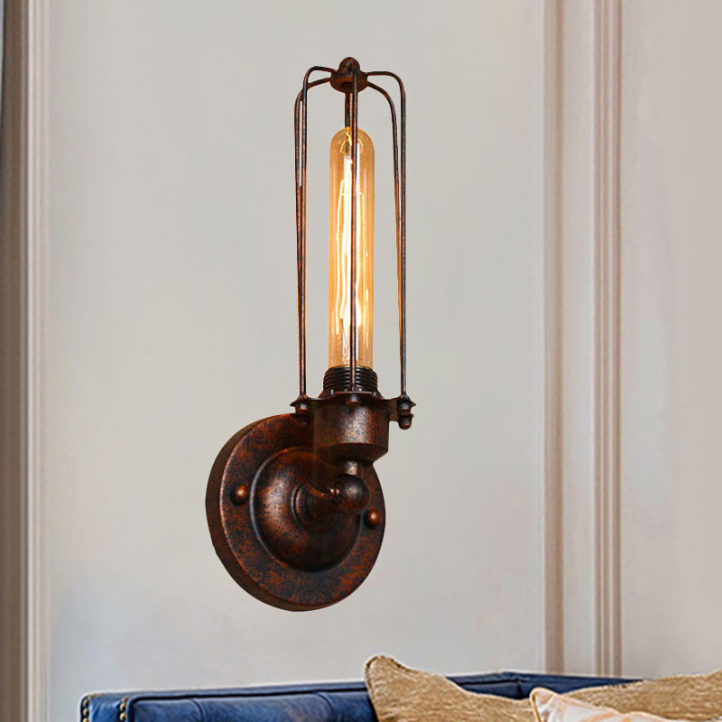 Skørter | 1/2-Bulb Linear Cage Wall Lamp Industrial Black/Rust Metal Wall Lighting Fixture for Living Room