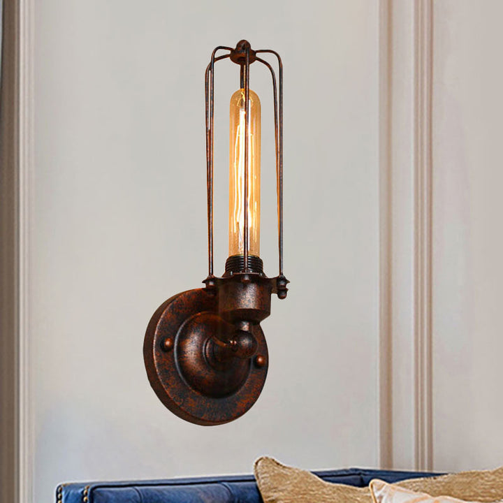 Skørter | 1/2-Bulb Linear Cage Wall Lamp Industrial Black/Rust Metal Wall Lighting Fixture for Living Room