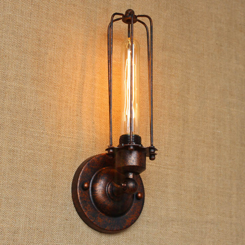 Skørter | 1/2-Bulb Linear Cage Wall Lamp Industrial Black/Rust Metal Wall Lighting Fixture for Living Room