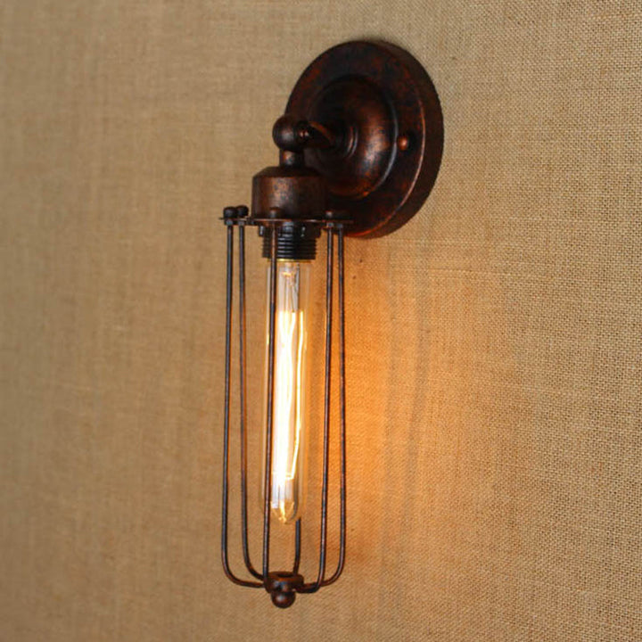 Skørter | 1/2-Bulb Linear Cage Wall Lamp Industrial Black/Rust Metal Wall Lighting Fixture for Living Room