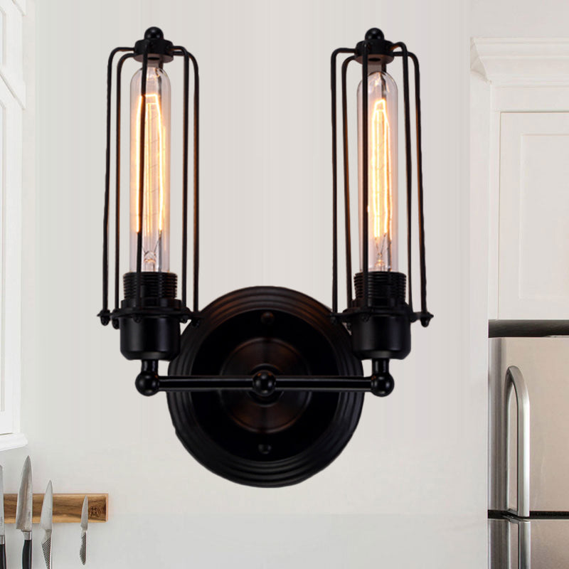 Skørter | 1/2-Bulb Linear Cage Wall Lamp Industrial Black/Rust Metal Wall Lighting Fixture for Living Room