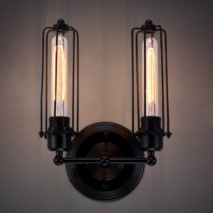 Skørter | 1/2-Bulb Linear Cage Wall Lamp Industrial Black/Rust Metal Wall Lighting Fixture for Living Room
