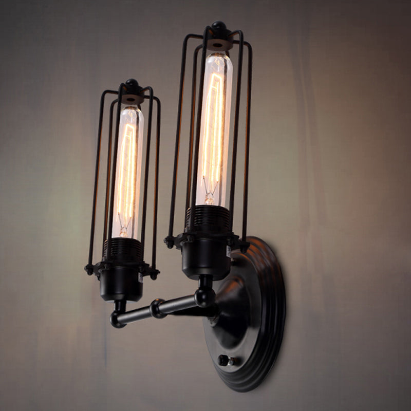 Skørter | 1/2-Bulb Linear Cage Wall Lamp Industrial Black/Rust Metal Wall Lighting Fixture for Living Room