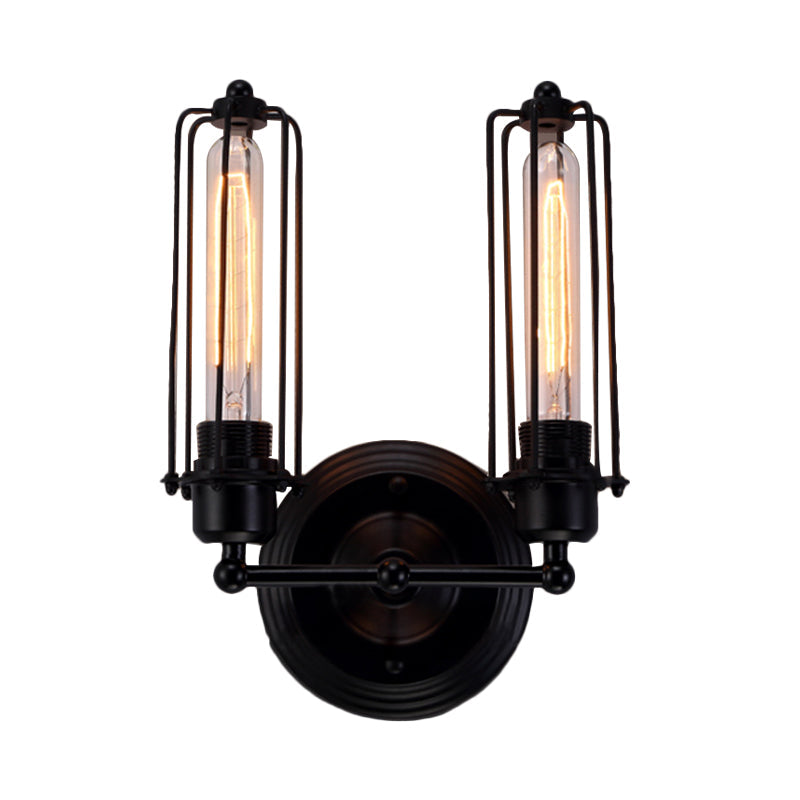 Skørter | 1/2-Bulb Linear Cage Wall Lamp Industrial Black/Rust Metal Wall Lighting Fixture for Living Room