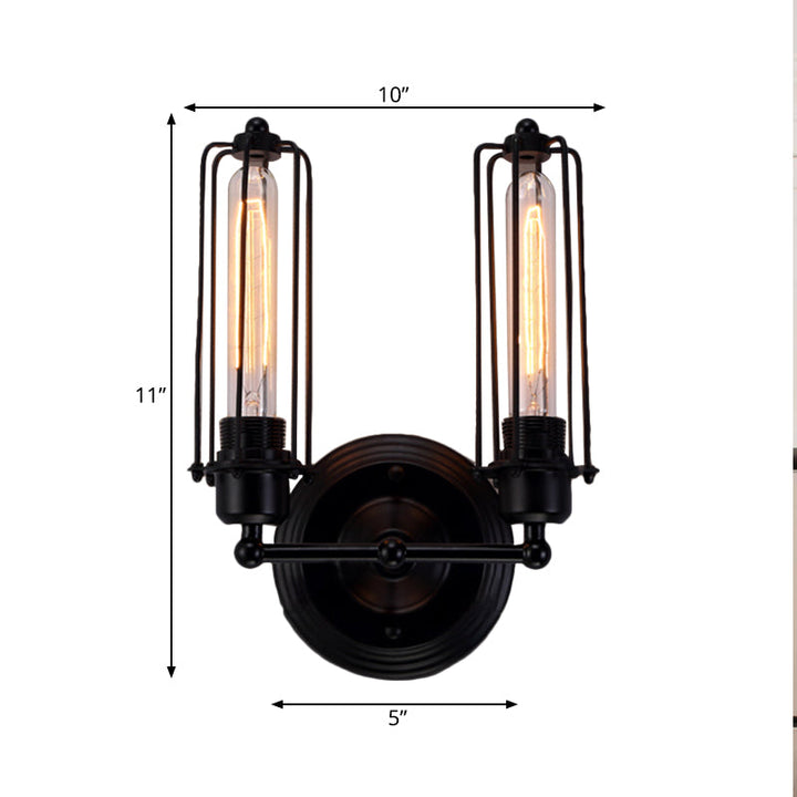 Skørter | 1/2-Bulb Linear Cage Wall Lamp Industrial Black/Rust Metal Wall Lighting Fixture for Living Room