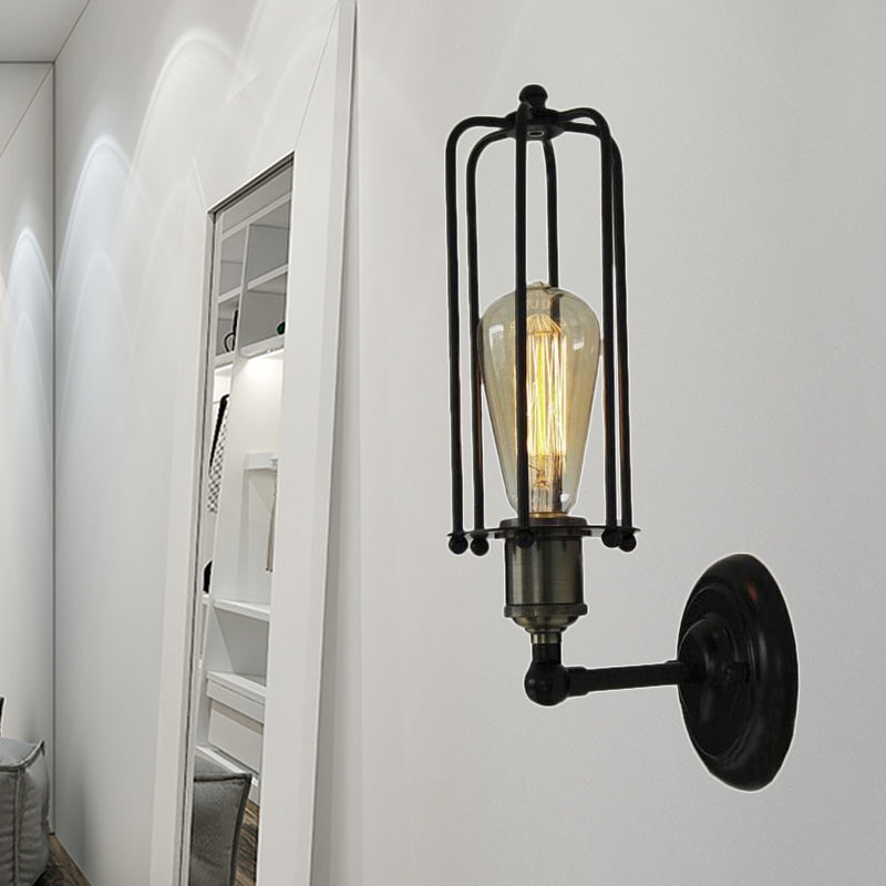 Lisslune | 1 Head floor lamp Vintage industrial tube cage shading metal mini wall light fixture in black for corridor