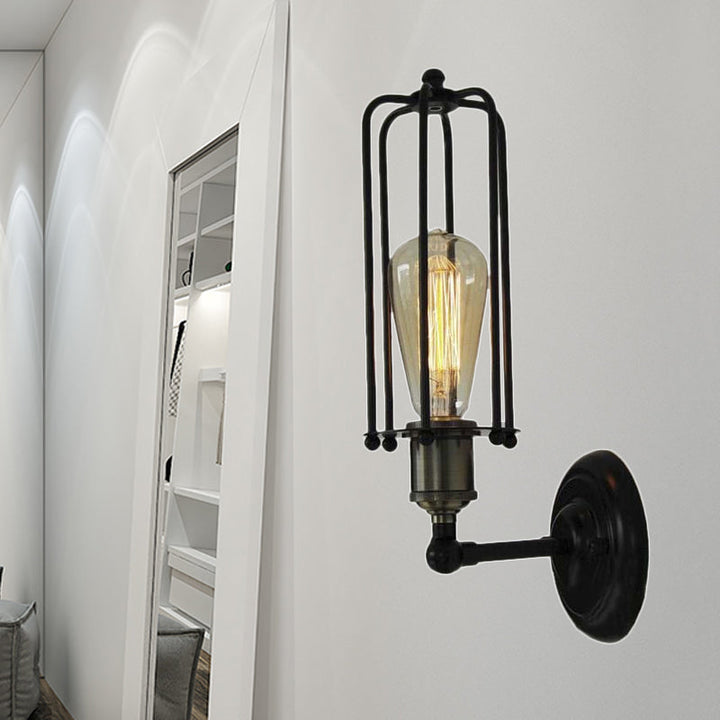 Lisslune | 1 Head floor lamp Vintage industrial tube cage shading metal mini wall light fixture in black for corridor