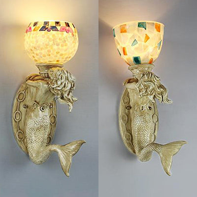 Lisslune | Shell Bowl/Dome Wall Lamp Rustic Tiffany 1 Light Wall Sconce with Resin Mermaid in Beige
