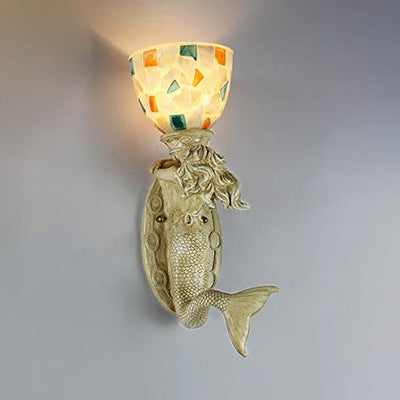 Lisslune | Shell Bowl/Dome Wall Lamp Rustic Tiffany 1 Light Wall Sconce with Resin Mermaid in Beige