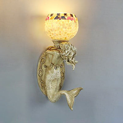 Lisslune | Shell Bowl/Dome Wall Lamp Rustic Tiffany 1 Light Wall Sconce with Resin Mermaid in Beige