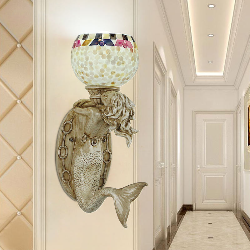 Lisslune | Shell Bowl/Dome Wall Lamp Rustic Tiffany 1 Light Wall Sconce with Resin Mermaid in Beige