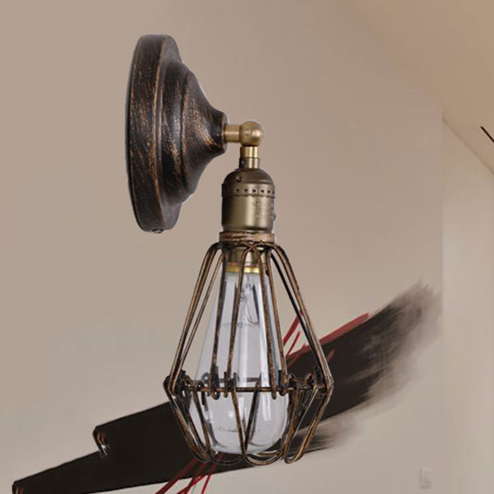 Lisslune | 1 Light Bulb Wire Cage Wall Light Country House Style Stylish Antique Brass Wrought Iron Wall Light Lighting for Restaurant