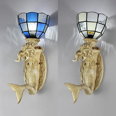 Lisslune | Resin Mermaid Wall Scone Light with Gridded Glass Shade 1 Head Lodge Wall Mount Light in White/Blue