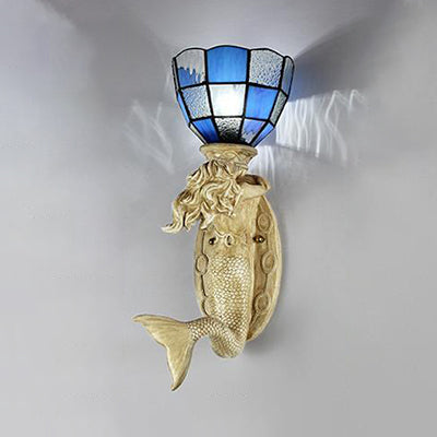Lisslune | Resin Mermaid Wall Scone Light with Gridded Glass Shade 1 Head Lodge Wall Mount Light in White/Blue