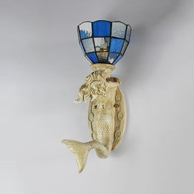 Lisslune | Resin Mermaid Wall Scone Light with Gridded Glass Shade 1 Head Lodge Wall Mount Light in White/Blue