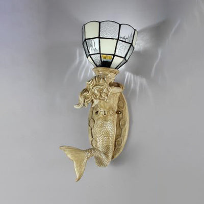 Lisslune | Resin Mermaid Wall Scone Light with Gridded Glass Shade 1 Head Lodge Wall Mount Light in White/Blue