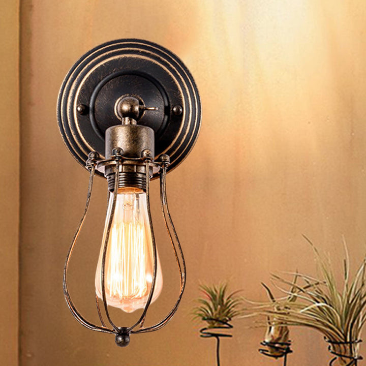 Lisslune | 1 Head Iron Wall Lamp Farmhouse Style Dark Rust Wire Protection Café Mini Wall Light