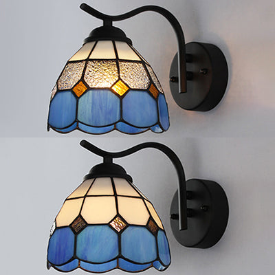 Lisslune | Mediterranean Dome Wall Lighting with Curved Arm Colored Glass 1 Light Sconces in White/Clear