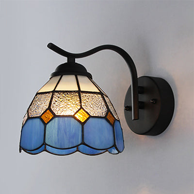 Lisslune | Mediterranean Dome Wall Lighting with Curved Arm Colored Glass 1 Light Sconces in White/Clear