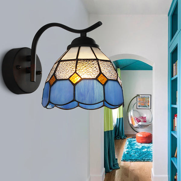Lisslune | Mediterranean Dome Wall Lighting with Curved Arm Colored Glass 1 Light Sconces in White/Clear