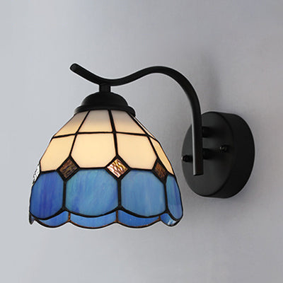 Lisslune | Mediterranean Dome Wall Lighting with Curved Arm Colored Glass 1 Light Sconces in White/Clear