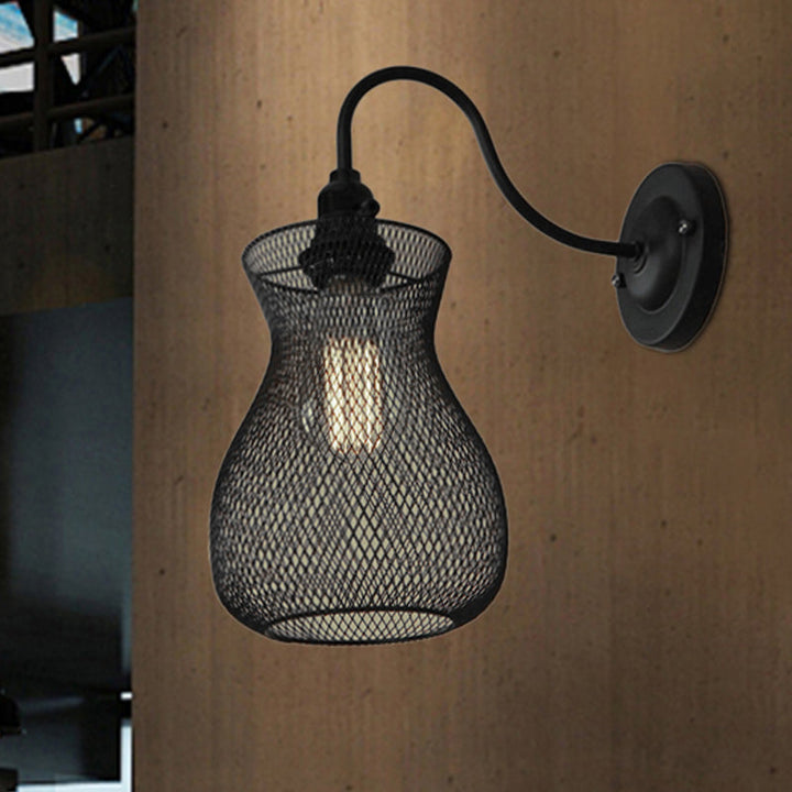 Lisslune | 1 Bulb Vase Shape Wall Sconce with Mesh Shade Industrial Style Black Metal Wall Light for Hallway