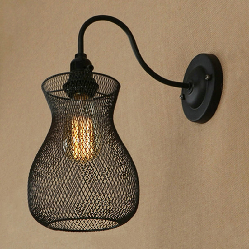 Lisslune | 1 Bulb Vase Shape Wall Sconce with Mesh Shade Industrial Style Black Metal Wall Light for Hallway