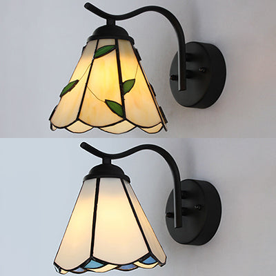 Lisslune | Cone-shaped wall light with black curved arm traditional Tiffany wall light in white/beige for hallway