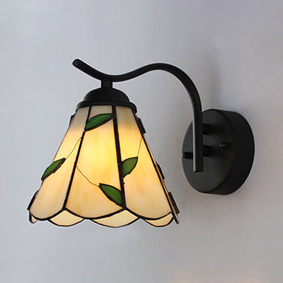 Lisslune | Cone-shaped wall light with black curved arm traditional Tiffany wall light in white/beige for hallway