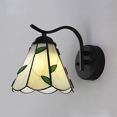 Lisslune | Cone-shaped wall light with black curved arm traditional Tiffany wall light in white/beige for hallway