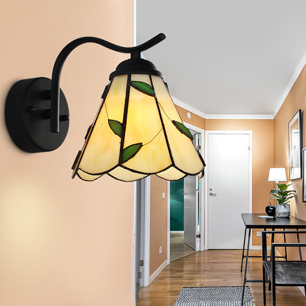 Lisslune | Cone-shaped wall light with black curved arm traditional Tiffany wall light in white/beige for hallway