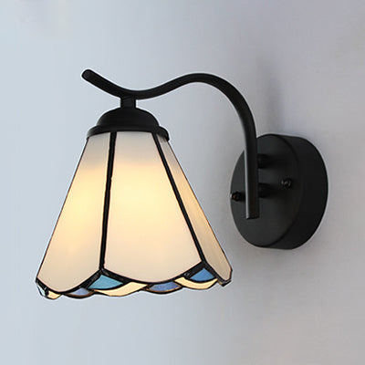 Lisslune | Cone-shaped wall light with black curved arm traditional Tiffany wall light in white/beige for hallway