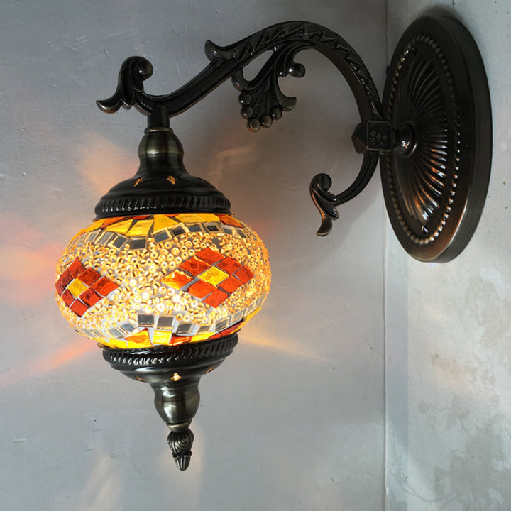 Skørter | Curved Arm Wall Lamp Traditionary Metal 1 Head Brown Wall Mounted Light with Ball Yellow/Green Glass Shade for Balcony