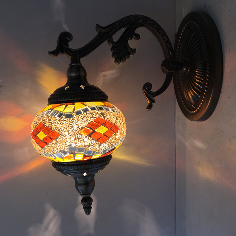 Skørter | Curved Arm Wall Lamp Traditionary Metal 1 Head Brown Wall Mounted Light with Ball Yellow/Green Glass Shade for Balcony