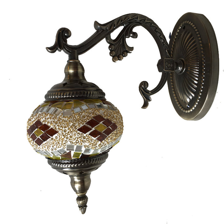 Skørter | Curved Arm Wall Lamp Traditionary Metal 1 Head Brown Wall Mounted Light with Ball Yellow/Green Glass Shade for Balcony