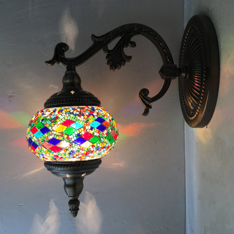Skørter | Curved Arm Wall Lamp Traditionary Metal 1 Head Brown Wall Mounted Light with Ball Yellow/Green Glass Shade for Balcony