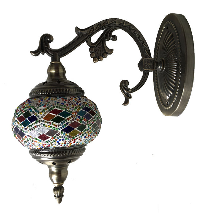Skørter | Curved Arm Wall Lamp Traditionary Metal 1 Head Brown Wall Mounted Light with Ball Yellow/Green Glass Shade for Balcony