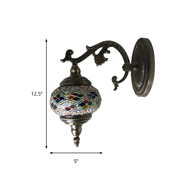 Skørter | Curved Arm Wall Lamp Traditionary Metal 1 Head Brown Wall Mounted Light with Ball Yellow/Green Glass Shade for Balcony