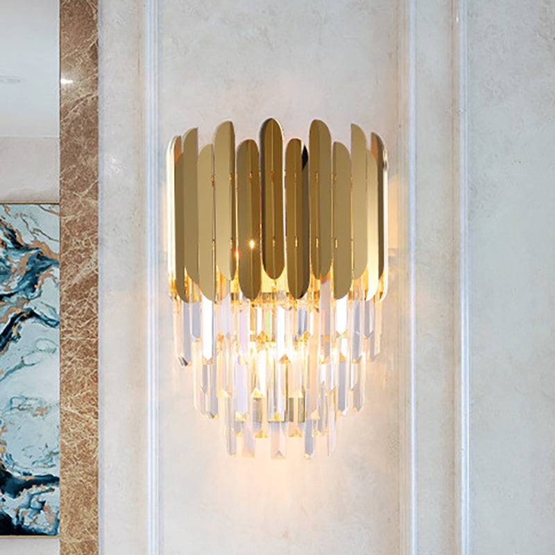 Lisslune | Stacked Wall Light Modernist Metal 1 Light Brass Wall Lamp with Clear Crystal Block for Nightstand