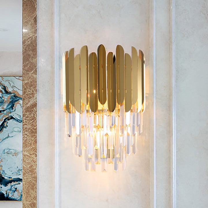 Lisslune | Stacked Wall Light Modernist Metal 1 Light Brass Wall Lamp with Clear Crystal Block for Nightstand