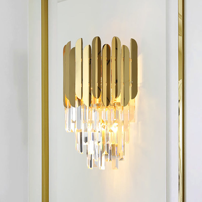 Lisslune | Stacked Wall Light Modernist Metal 1 Light Brass Wall Lamp with Clear Crystal Block for Nightstand
