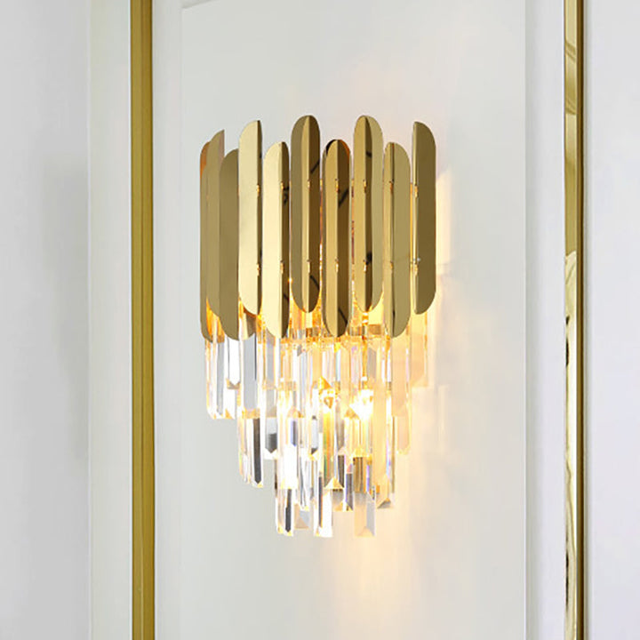 Lisslune | Stacked Wall Light Modernist Metal 1 Light Brass Wall Lamp with Clear Crystal Block for Nightstand