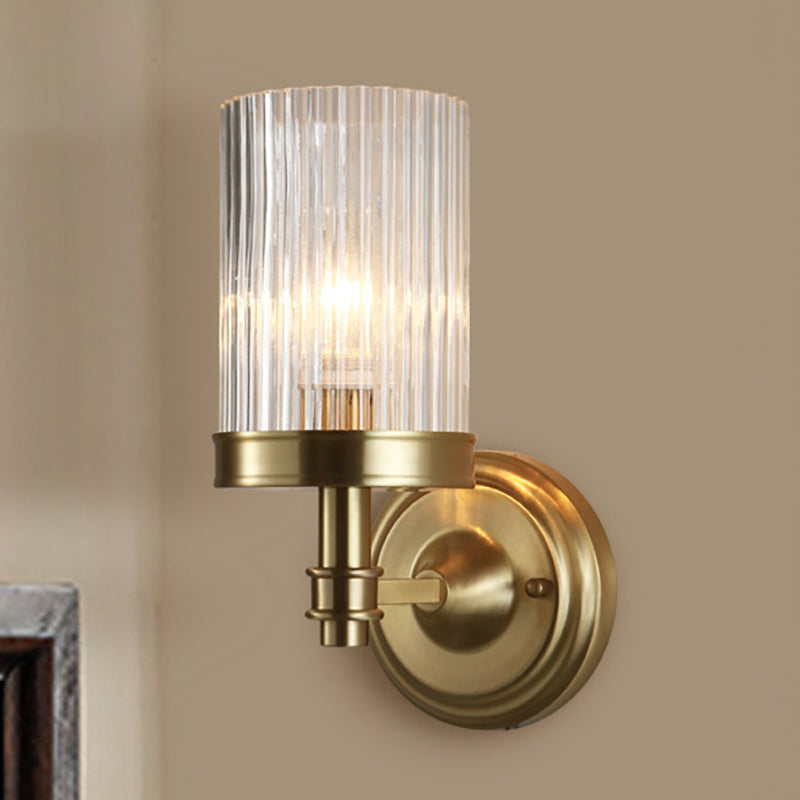 Skørter | Cylinder Wall Lamp Vintage Stylish Clear Ribbed Glass 1 Lamp Black/Gold Finish Wall Lamp Attachment for Living Room