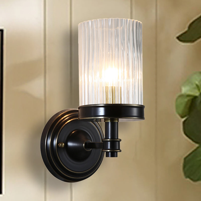 Skørter | Cylinder Wall Lamp Vintage Stylish Clear Ribbed Glass 1 Lamp Black/Gold Finish Wall Lamp Attachment for Living Room