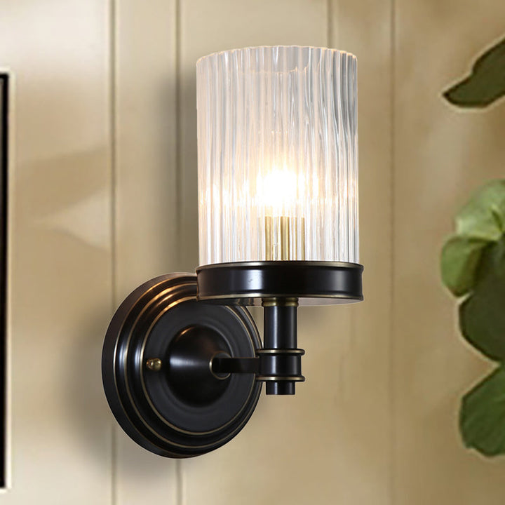 Skørter | Cylinder Wall Lamp Vintage Stylish Clear Ribbed Glass 1 Lamp Black/Gold Finish Wall Lamp Attachment for Living Room